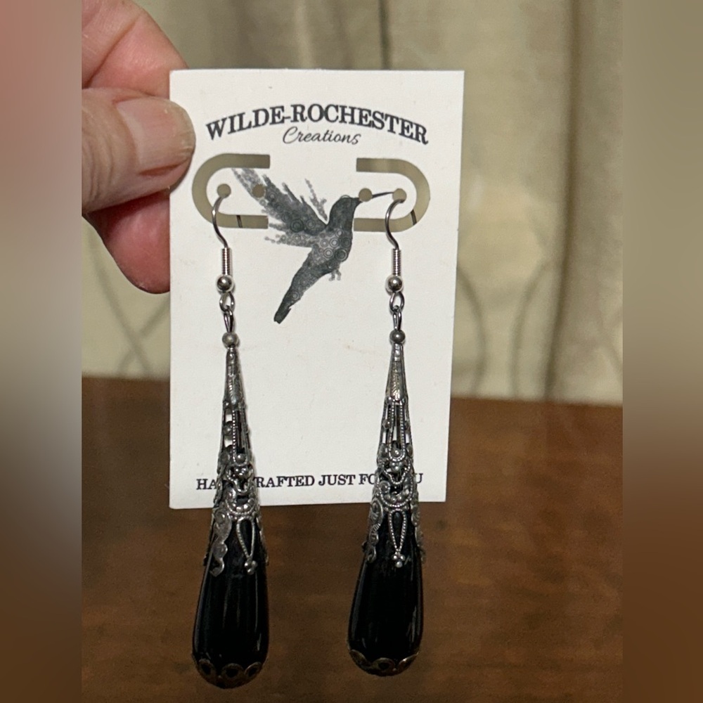 Victorian Style Black Teardrop with intricate Silver finding Earrings